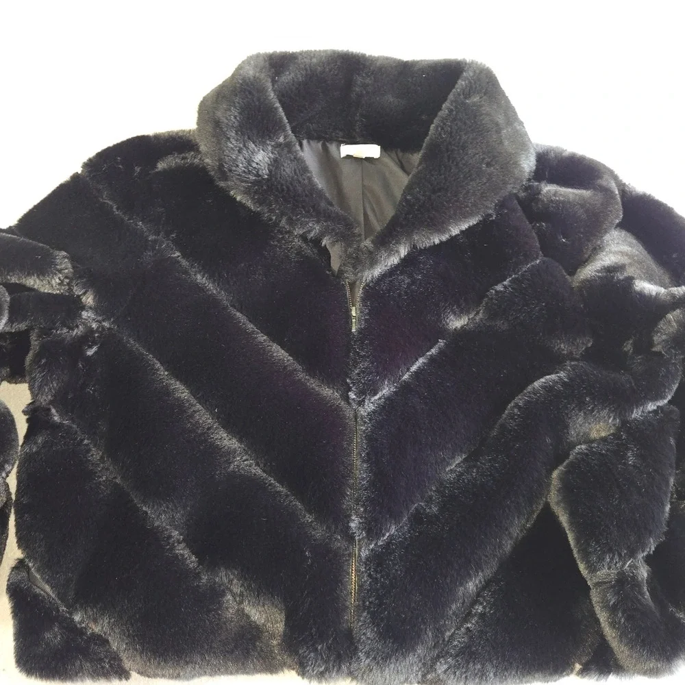 Sofia Jeans Faux Fur Jacket Womens 3X Black Chevron Zip Up Glam Plush Coat